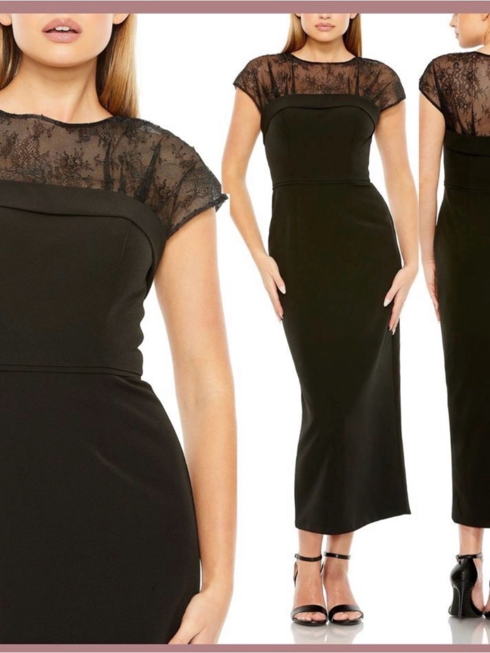Mac Duggal Black Lace Yoke Midi Dress with Cap Sleeves